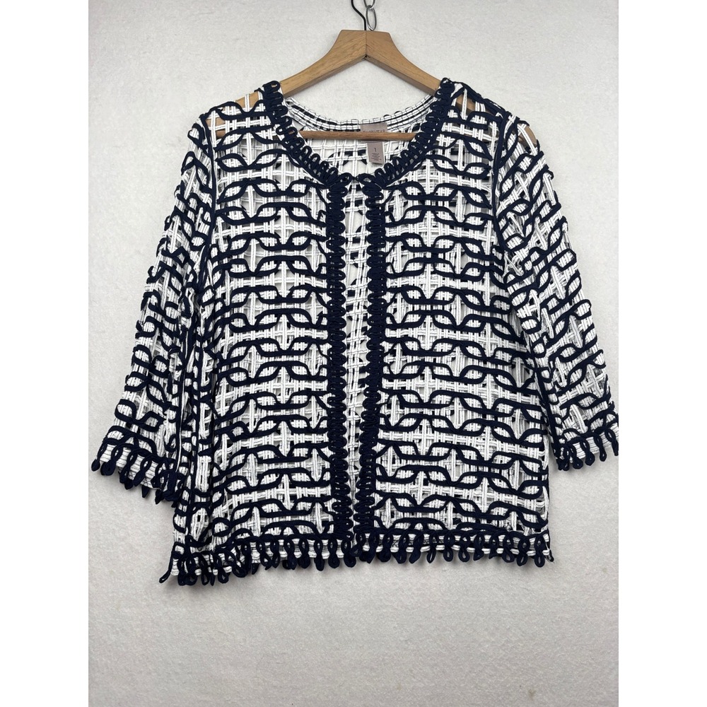 Chico's Cardigan Womens 1‎ M Open Knit Navy White Coastal Layering